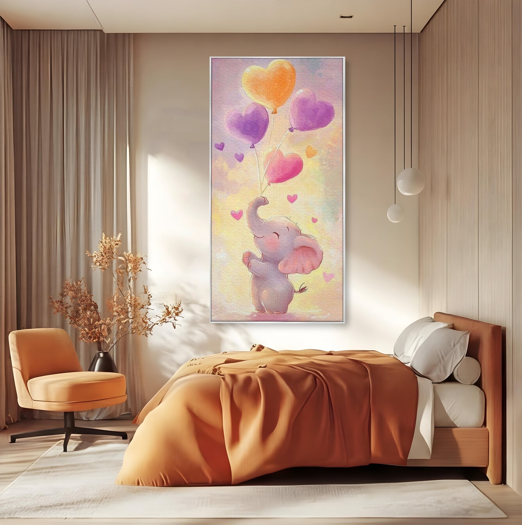 Tablou canvas cu tablou canvas cu pui de elefant, in rama de aluminiu argintiu, pe perete intr-un dormitor